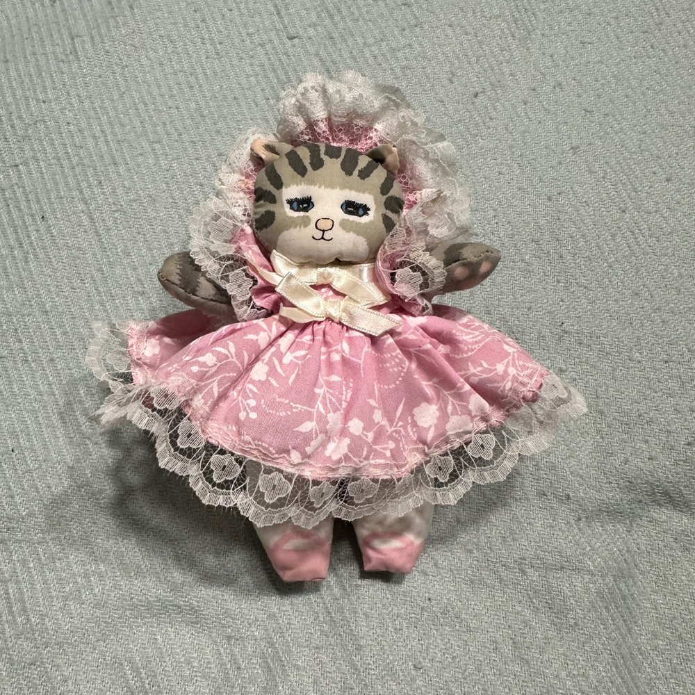 Vintage 1989 Applause Cat Plush Doll Pink Floral Lace Dress Dustyn Schear 7in